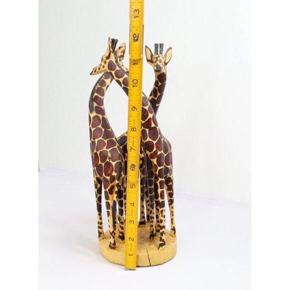 Hand Carved Painted Wooden 3 Giraffe Figurine Statute Dancing Mating Circle 12" - Picture 6 of 8